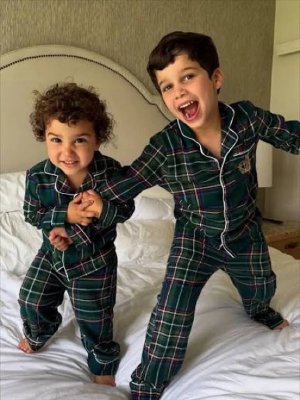 Posh Peanut Baby Green Plaid Pajama Set with Crest Accent